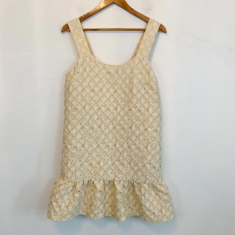 LAVENDER BROWN cream and gold ruffle hem mini dress